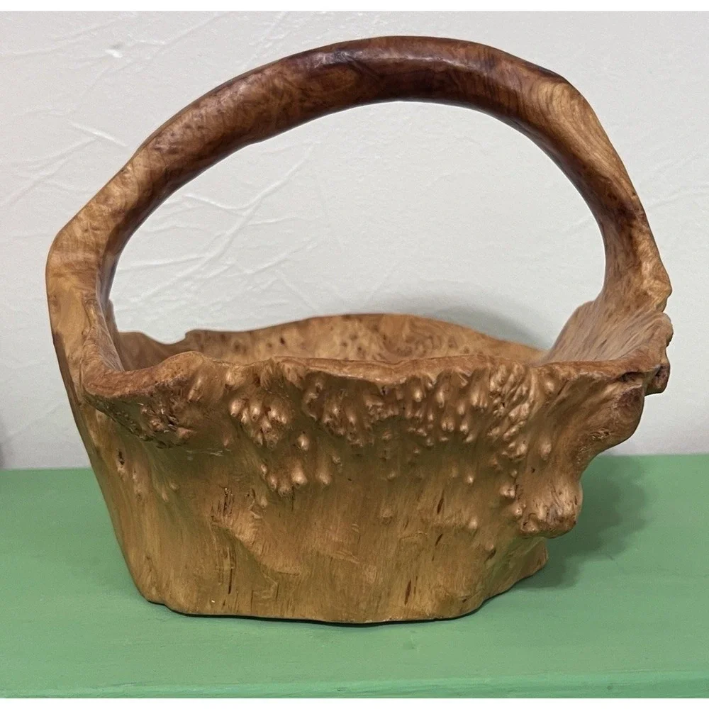 MCM Hand Carved Burl Wood Basket Handle Knobby Unique Boho Cabin Nature VTG‎